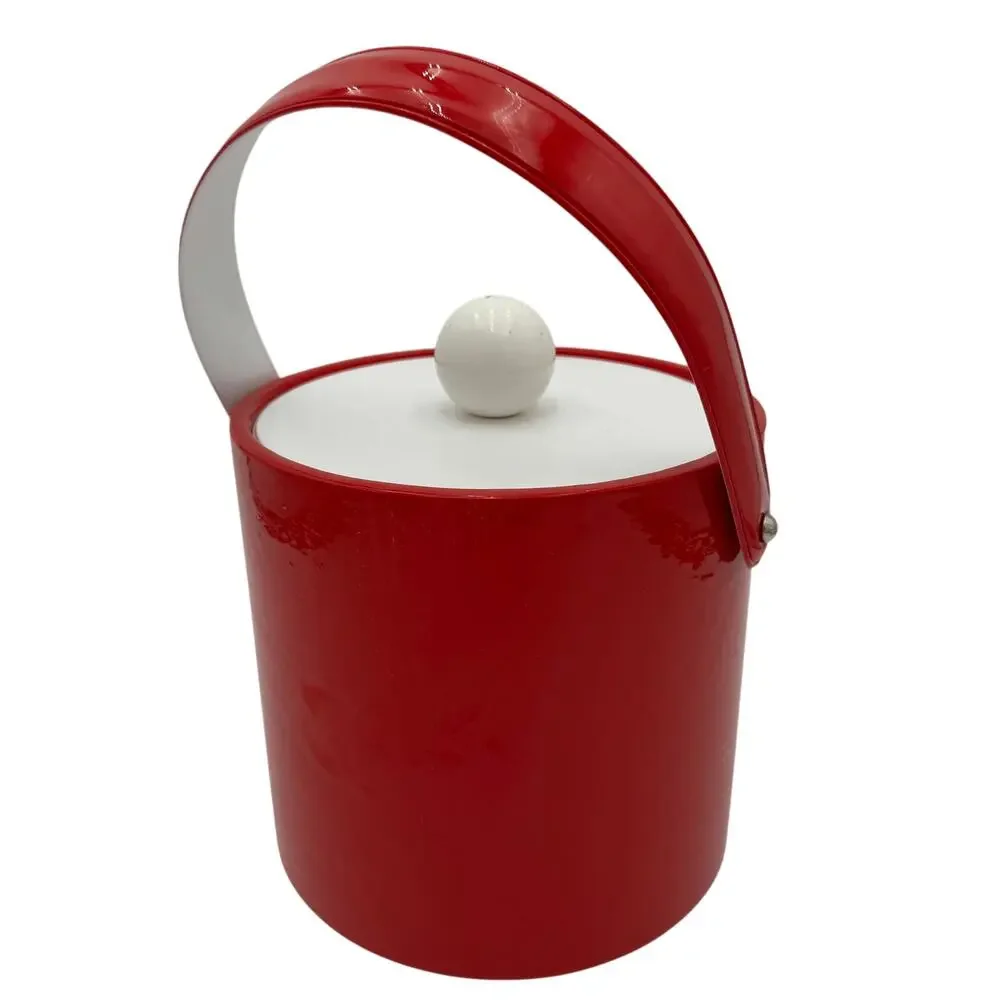 Vintage Red & White Ice Bucket, Vinyl & Plastic, Mid Century Modern 7.25